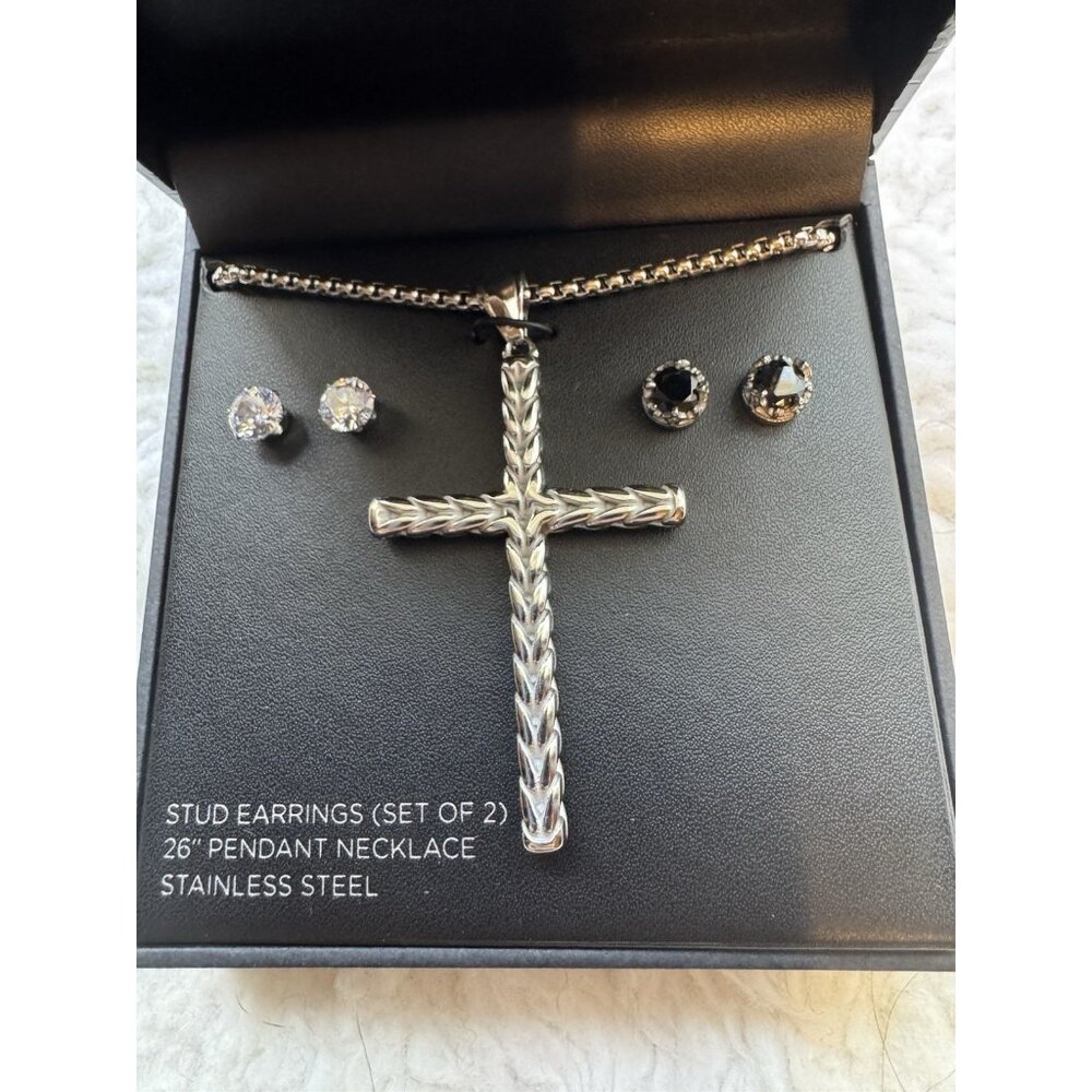 American Exchange SS 26" Silvertone Cross Pendant Necklace Stud Earring SET NEW